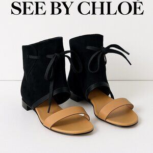 See by Chloé Ankle Cuff Flat Sandals Black Suede & Patent Leather Size 7